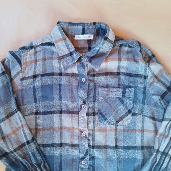 Keren Hart Flannel Button Up Shirt Long Sleeve Plaid 100% Cotton Gray L Country - Picture 5 of 8